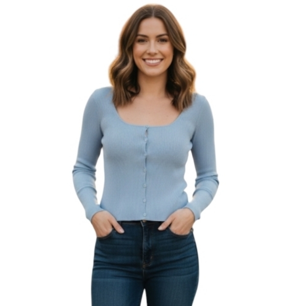 Periwinkle Blue Ribbed Button Front Henley Top